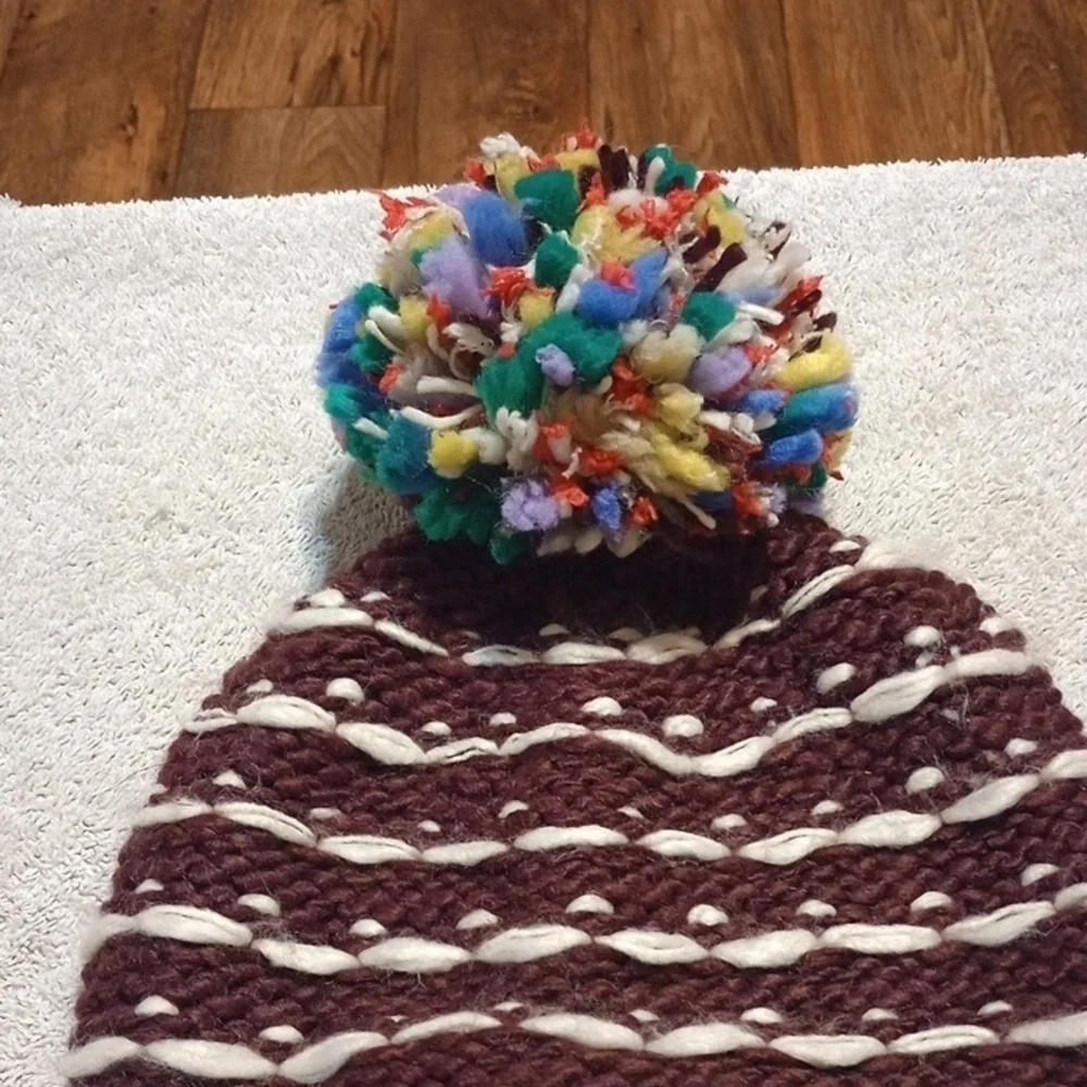 Aerie Kids' Brown and White Striped Beanie with Colorful Pom-Pom